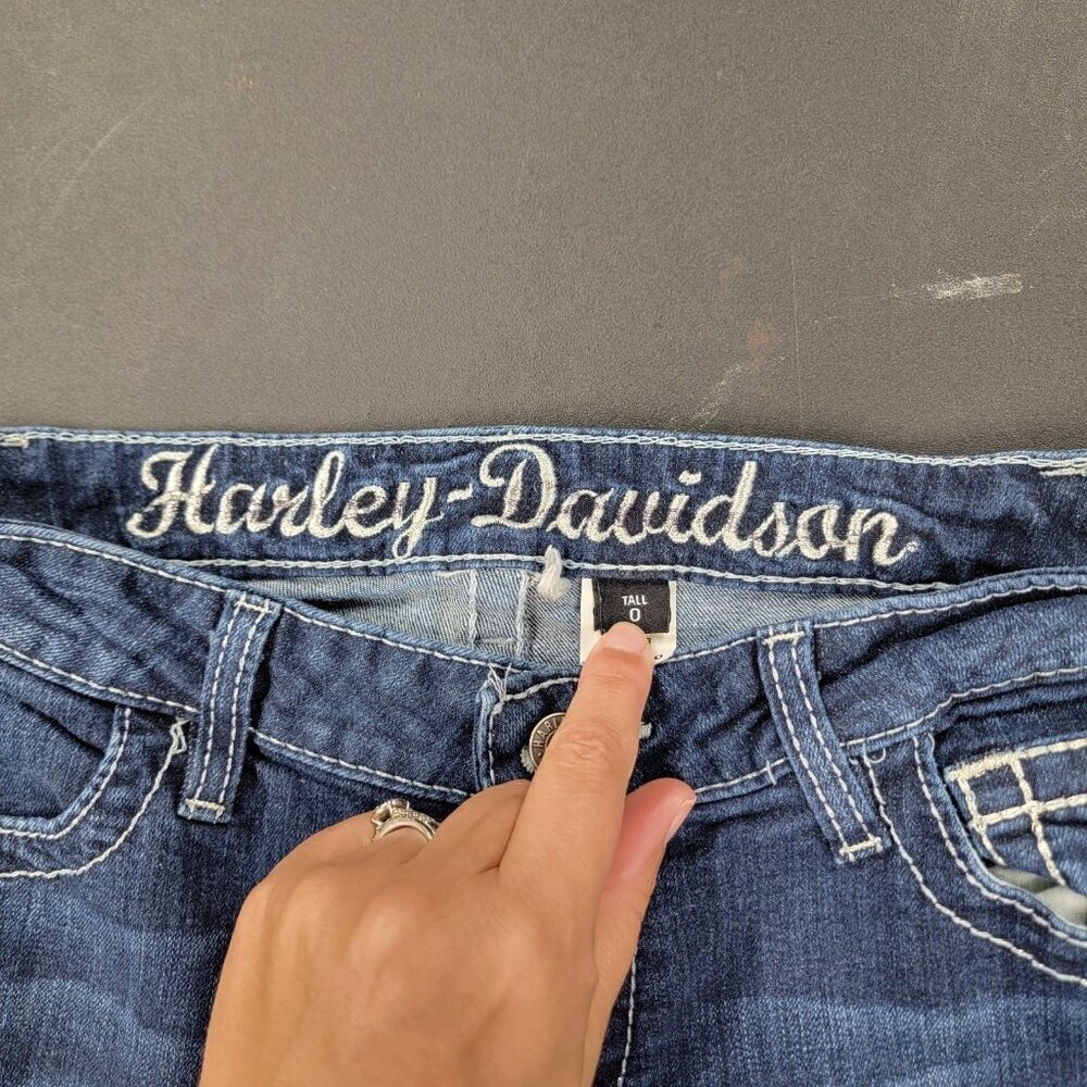 Harley Davidson Angel Wing Biker Bling Pocket Jeans Womens 0 Tall Y2K Dark Wash - Picture 5 of 12